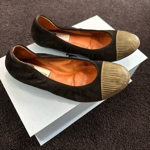 LANVIN PARIS ballet flat, black suede with Khaki pep toe